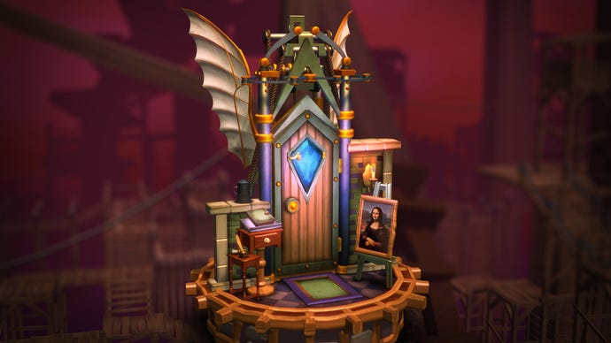 A doorway with a large blue crystal and dragon-like wings attached to it from Doors Paradox