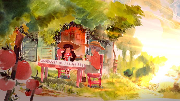 Mimi and her gran enjoy tea in a lovely watercolour garden in Dordogne