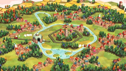 Dorfromantik screenshot showing a bird's-eye view of sprawling fields and towns, with a river winding around a church steeple in the centre.