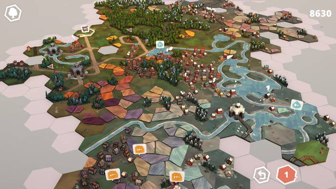 A series of complex rural-themed tiles in Dorfromantik’s Hard Mode