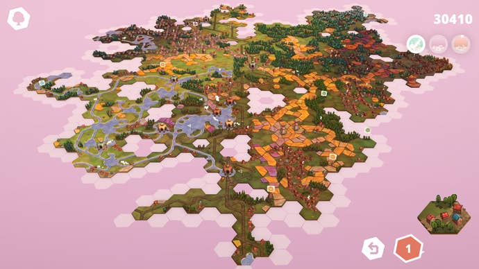 A sprawl of rural-themed tiles in Dorfromantik