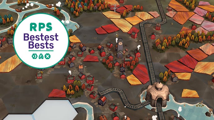 A rural scene from Dorfromantik with the RPS Bestest Best logo