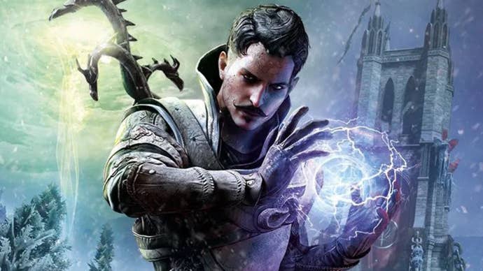 Artwork of moustachioed mage Dorian holding an orb of magic from Dragon Age: Inquisition