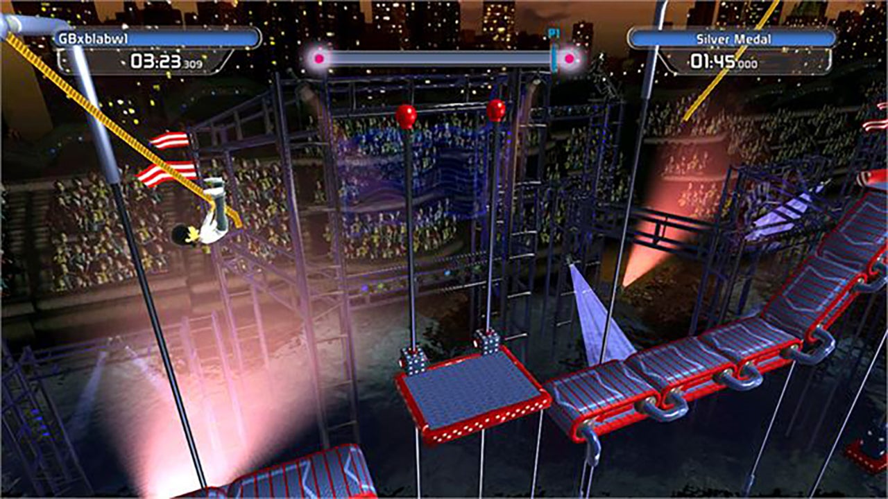 A screenshot from Doritos Crash Course where the player is swinging from a rope and about to land on a floating platform
