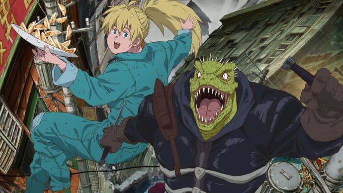 Nikaido, a large woman with scruffy blonde hair in a pony tail holding a plate of gyoza, and Caiman, a lizard man, are falling through the air in key art for Dorohedoro.