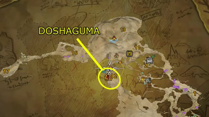 Un mapa que muestra la ubicación del doshaguma en Monster Hunter Wilds.