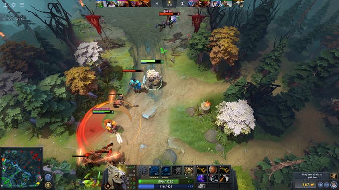 Players duke it out in a forest in Dota 2.