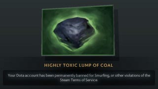 A screenshot from DOTA 2 showing a recipient unwrapping a "highly toxic lump of coal".