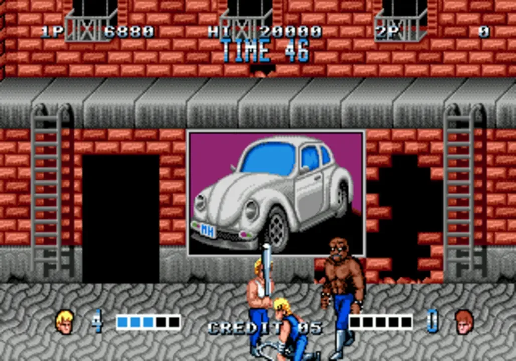 Double Dragon screenshot showing you beating up henchment in front of a brick wall with a big picture of a VW Beatle car on it