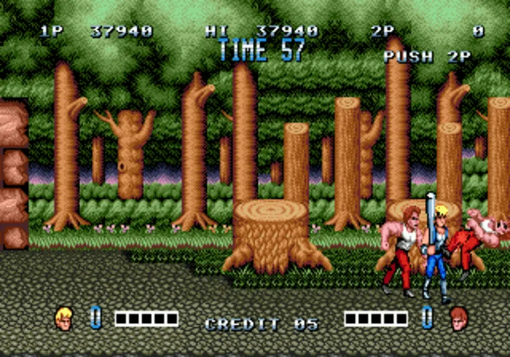 Double Dragon screenshot showing you beating up henchmen against a background of tall trees