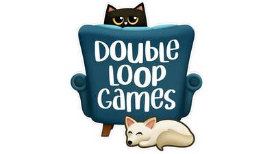 Double Loop Games' logo. It's a cartoon image  of a blue chair with the name of the studio on it, a dog curled up sleeping at the foot of the chair and a black cat peering over the back of the chair