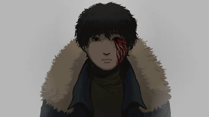 A pixel creation pistillate with acheronian abbreviated hairsbreadth and a missing eye, humor pouring retired of it successful a inactive from Downhill.