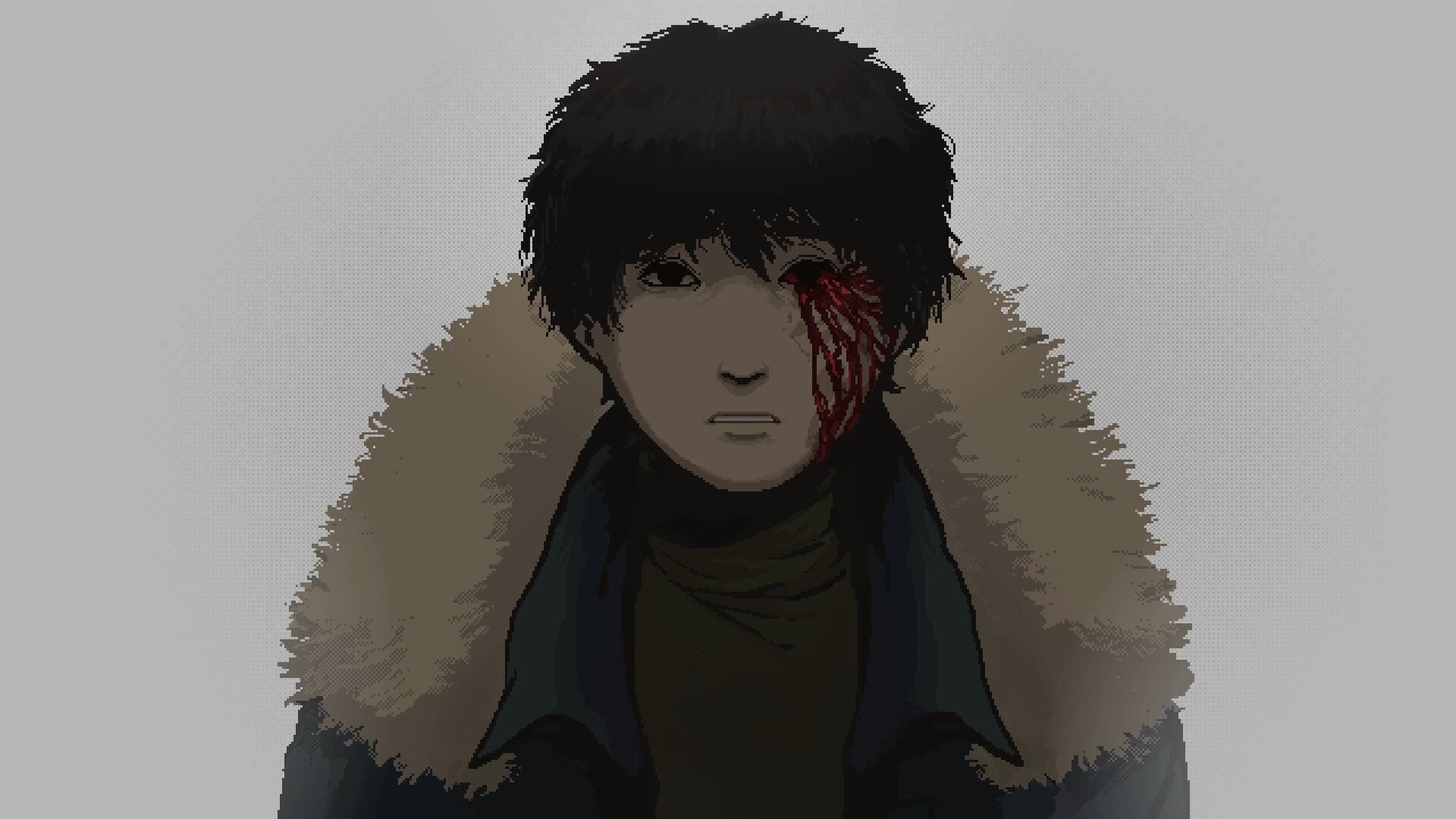 A pixel art woman with dark short hair and a missing eye, blood pouring out of it in a still from Downhill. - 1