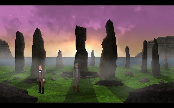 Two characters stand before a group of stones jutting out from the earth in the Scottish countryside in An English Haunting.