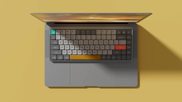 nuphy air75 v2 shown perfectly fitting on a MacBook keyboard