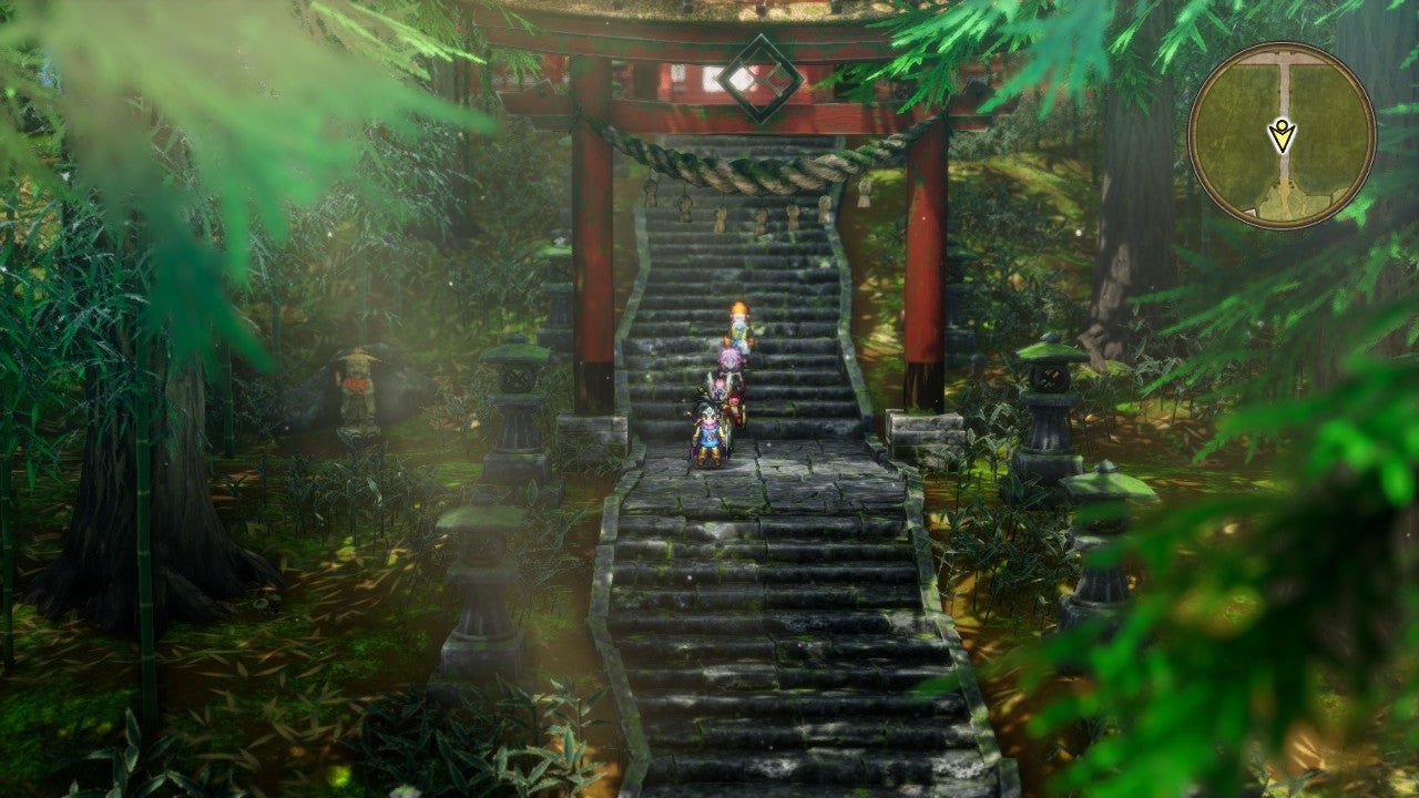 The party cross under a torii gate, situated in a forest on a long series of steps. - 4