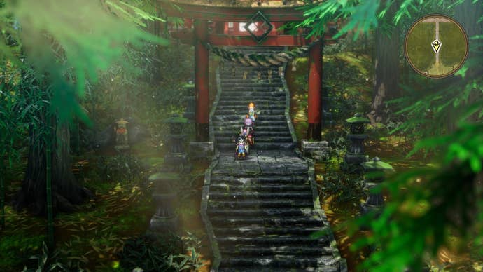 The party cross under a torii gate, situated in a forest on a long series of steps.