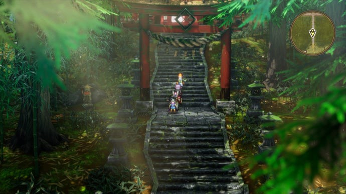 The party cross under a torii gate, situated in a forest on a long series of steps.