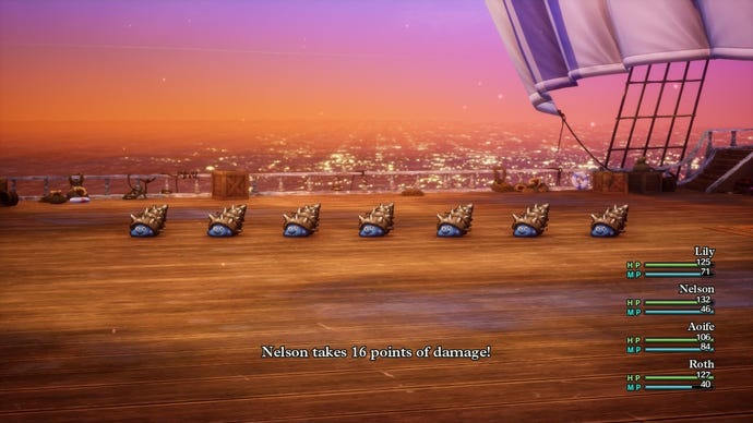 Slimes in cute spiky shells line the seafront in a battle.