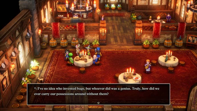 A conversation about the invention of bags in a fancy dining hall.