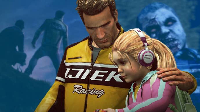 Chuck and Katy Greene in an embrace over the top of two screenshots from Dead Rising 2: Case Zero