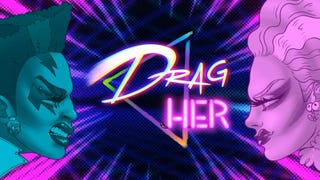 The text "Drag Her" placed between two drag queens facing each other