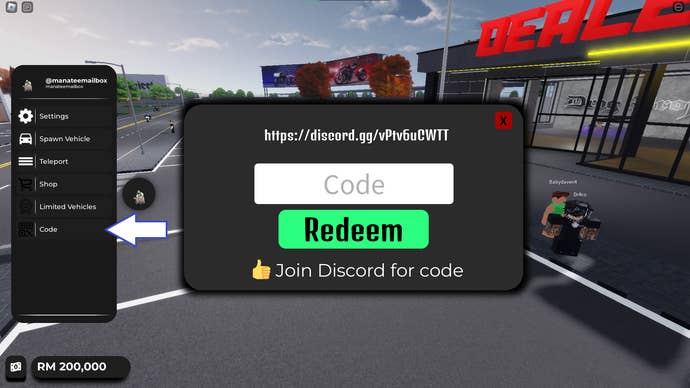 A screenshot from Drag Project Future in Roblox showing the game’s codes button and field.