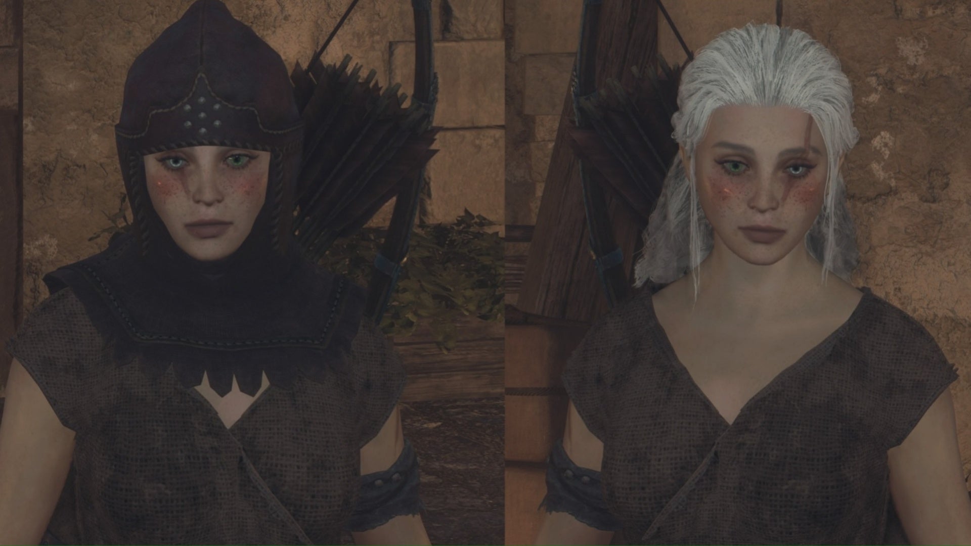 dragon&rsquo;s dogma 2 a white haired arisen in hard leather helm on left and without helm on right