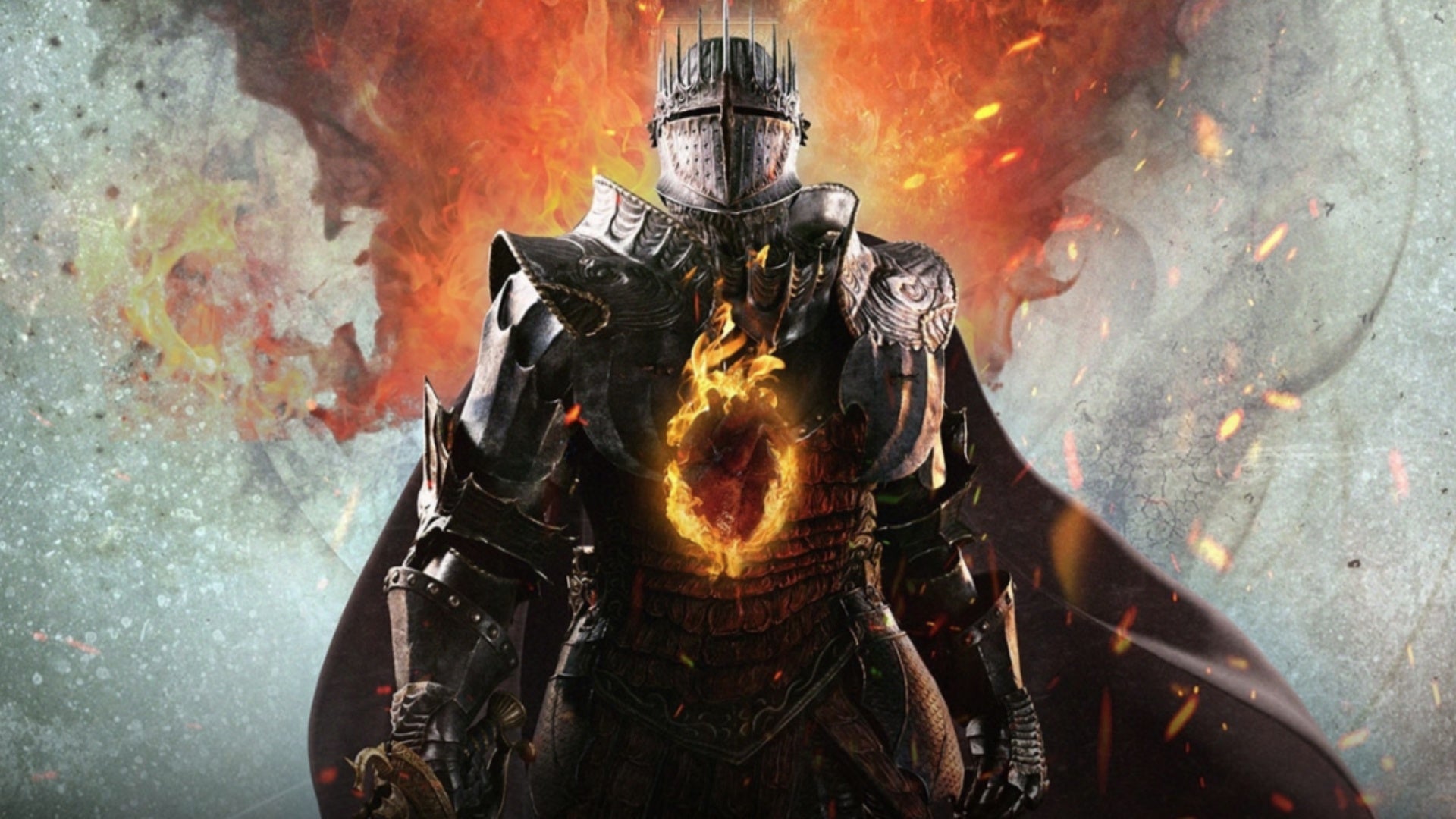 dragon&rsquo;s dogma 2 arisen knight official capcom art of a knight walking forward with a flaming hole in their chest.