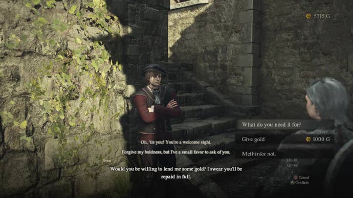 Sven lurks next to a wall covered with ivy and a staircase leading up to the next level of the merchant quarter square. He’s asking the Arisen for money.