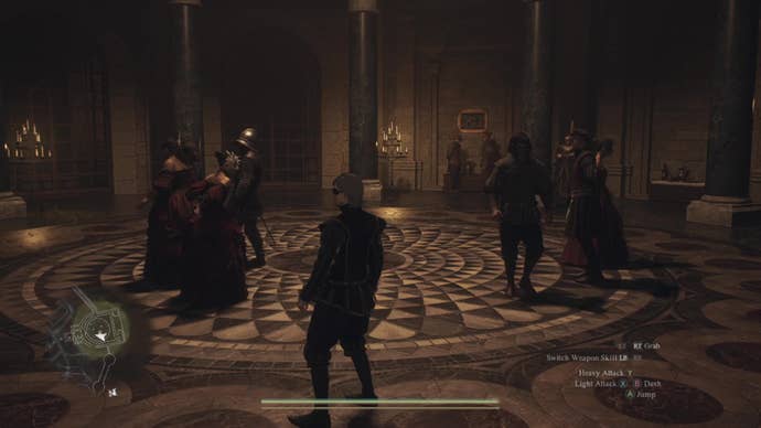 A masked dance taking place in a circular ballroom in Dragon’s Dogma 2.