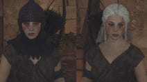 dragon's dogma 2 a white haired arisen in hard leather helm on left and without helm on right