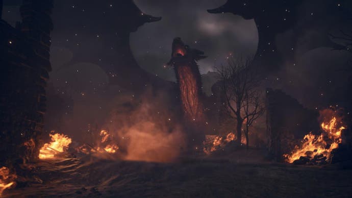 dragon's dogma 2 dragon official capcom art of a large dragon spreading its wings over an area it's set fire to.