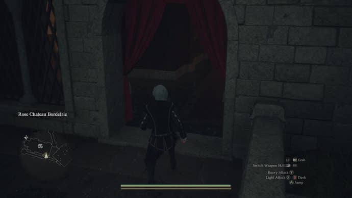 The Arisen enters the Rose Chateau via a curtained archway in the castle wall.