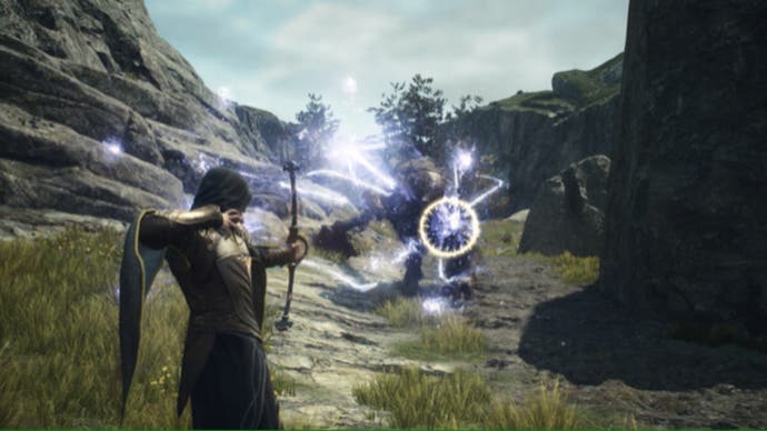 Dragon's Dogma 2 Official Steam Art of Archer Firing Enchanted Arrows at Enemy.