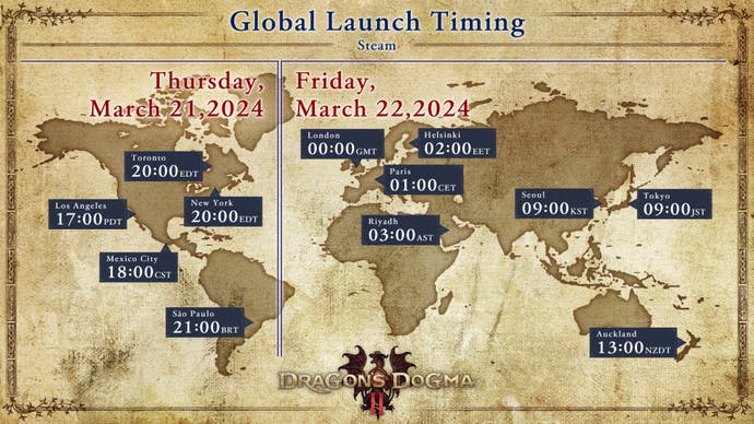 Dragon's Dogma 2 Steam Global Release Times and Dates Map