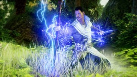 A screenshot of Dorian the mage casting a lightning spell in Dragon Age: Inqusition