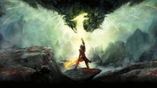 Dragon Age: Inquisition key art showing a knight with a burning sword reaching out towards demonic looking creatures.