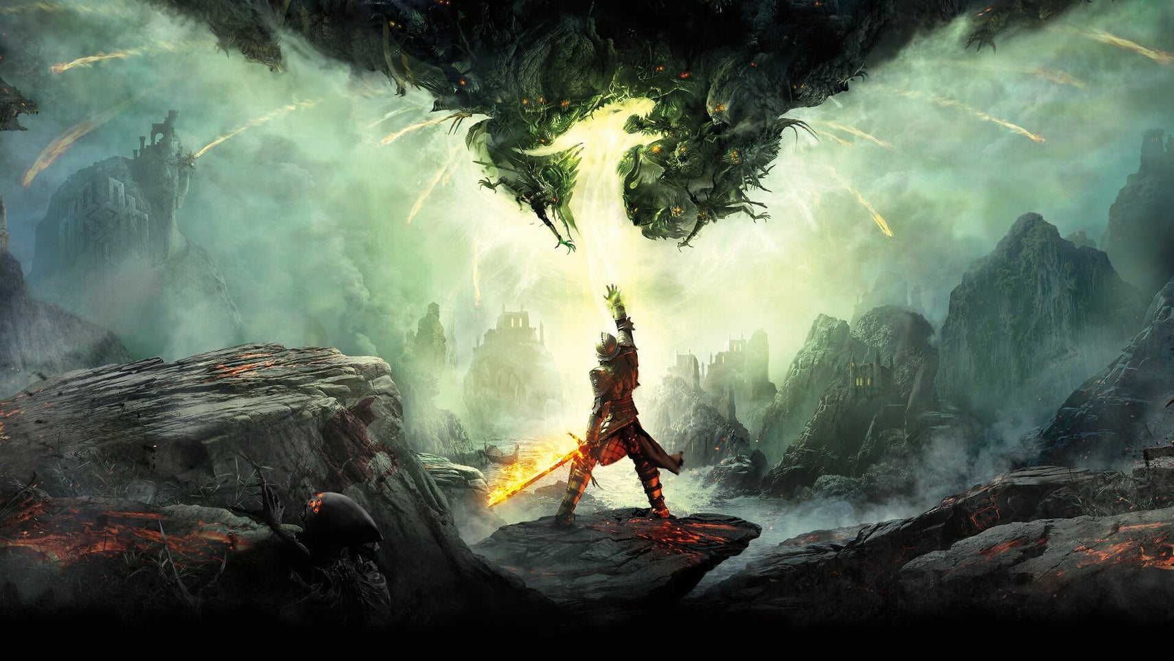 Dragon Age: Inquisition key art showing a knight with a burning sword reaching out towards demonic looking creatures. - 1
