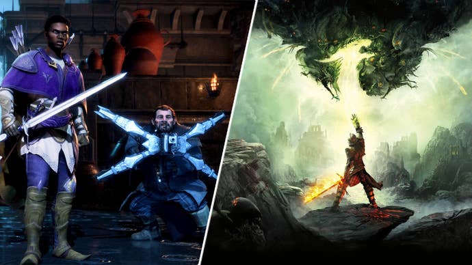 Rook and Varric in Dragon Age: The Veilguard next to Dragon Age: Inquisition’s cover art.
