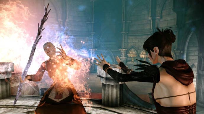 Morrigan the witch in Dragon Age: Origins, casting flaming hands and shooting a load of fire at an enemy mage