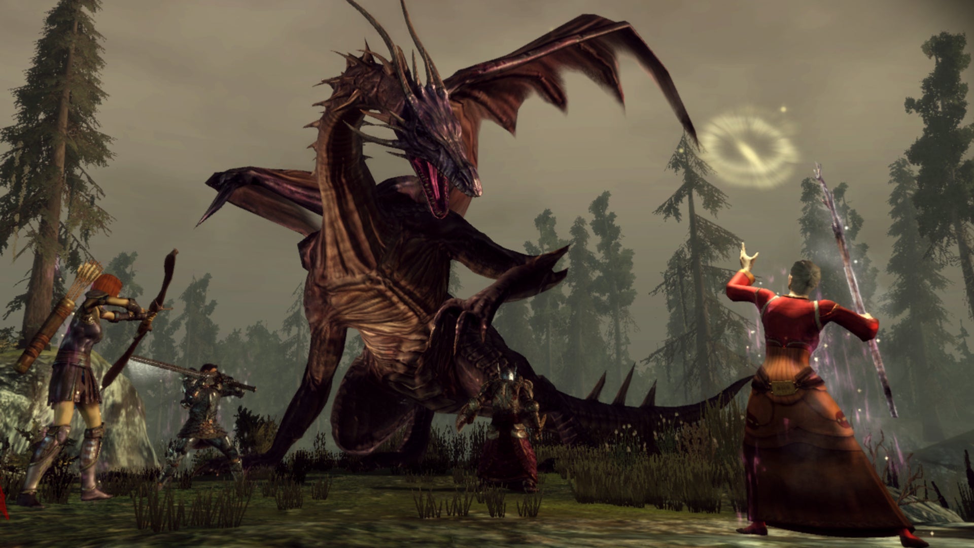 A party fighting a dragon in Dragon Age: Origins. - 1