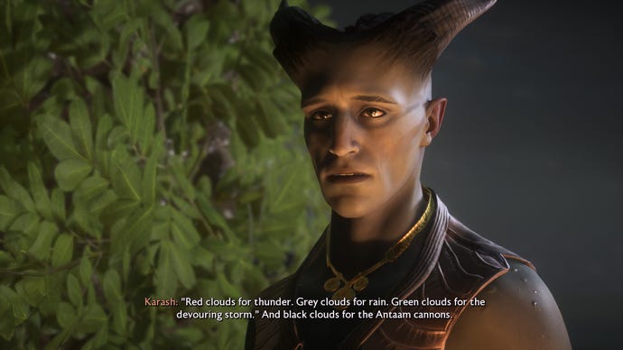 A strangely smooth Qunari in Dragon Age: The Veilguard.