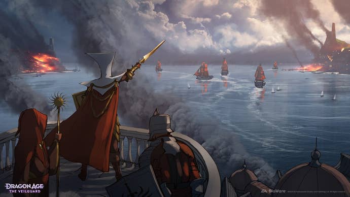 Dragon Age: The Veilguard concept art showing a burning sea of ships.
