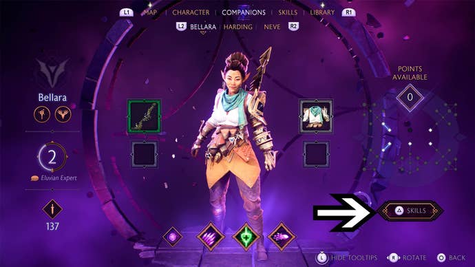 dragon age the veilguard bellara character menu skills option highlighted