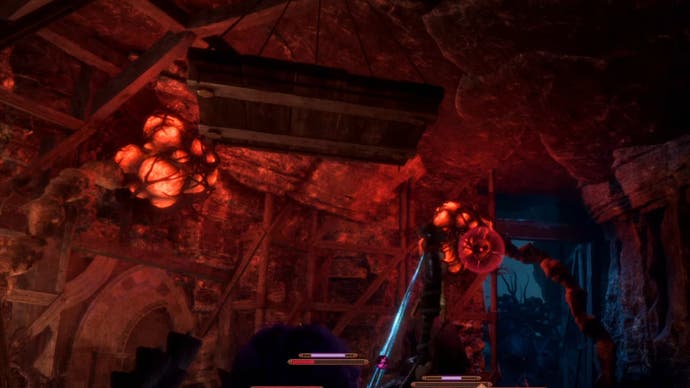 Dragon Age, the veilkeeper caught in the catacomb room, a flail ends on the wall