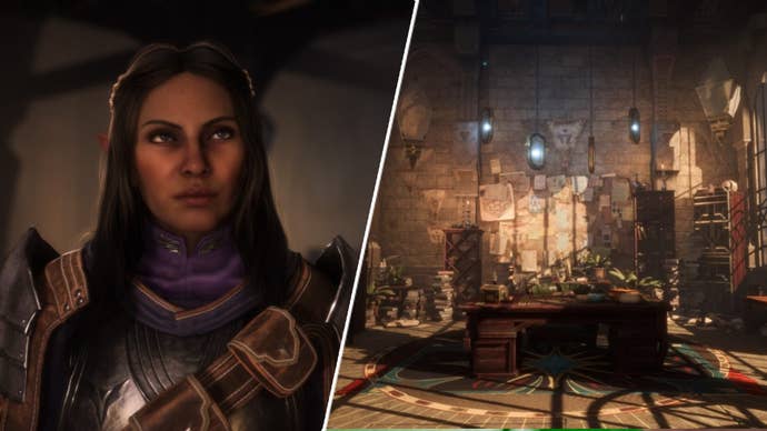 A character in Dragon Age: The Veilguard, alongside a room in The Lighthouse.