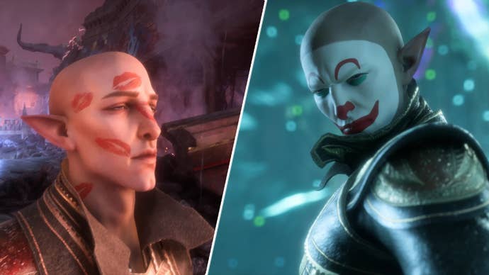 Solas in Dragon Age: The Veilguard wearing clown makeup and covered in kisses.