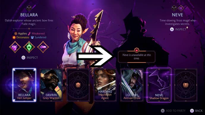 dragon age the veilguard party screen neve unavailable