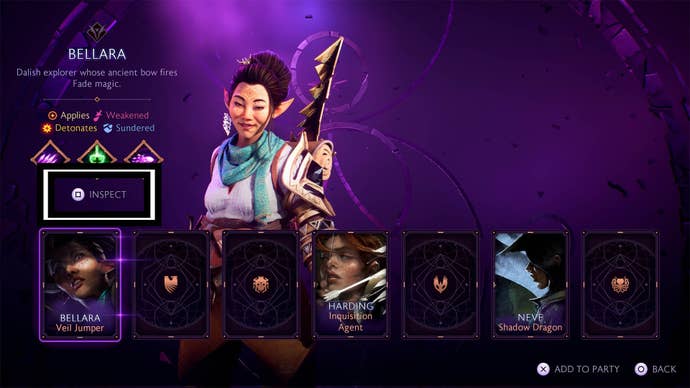 dragon age the veilguard party selection inspection option highlighted